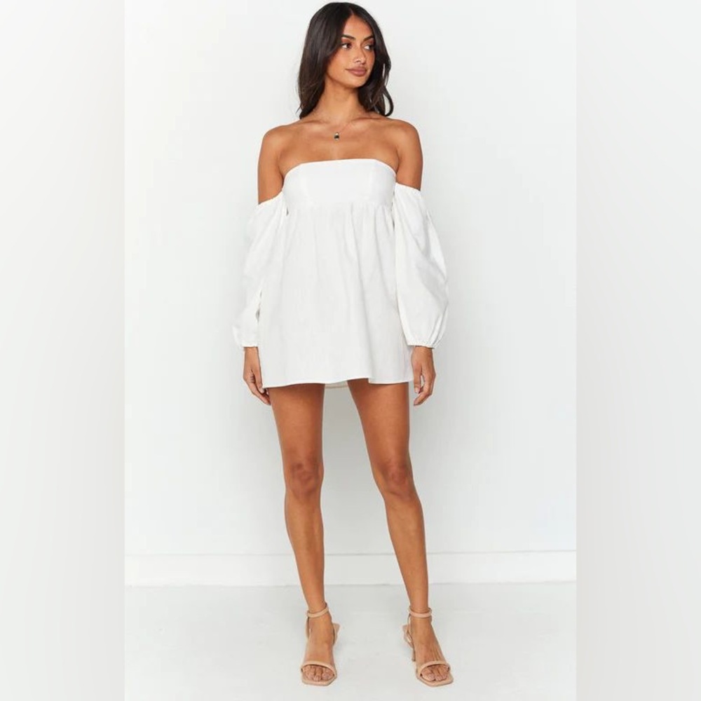 Beginning Boutique Koa White Off Shoulder Linen Mini Dress